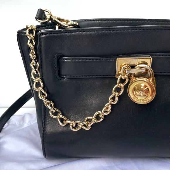Michael Kors Hamilton Travel Mini Crossbody |  Black Leather | Gold Chain Accent - Picture 6 of 16